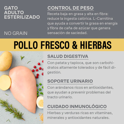 Alimento para gatos esterilizados con pollo fresco