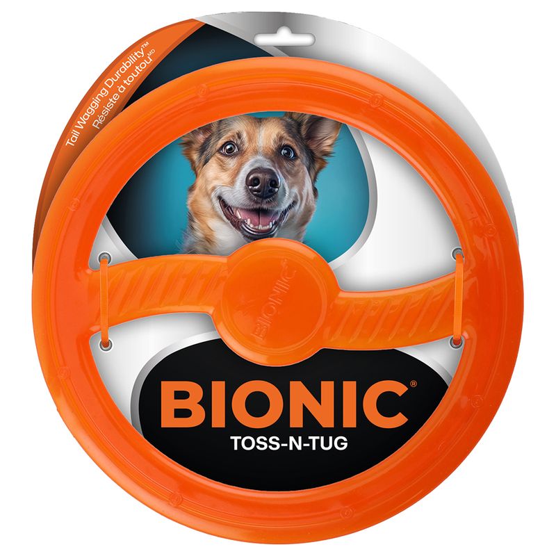 Aro BIONIC Toss-N-Tug para perros de caucho resistente color naranja