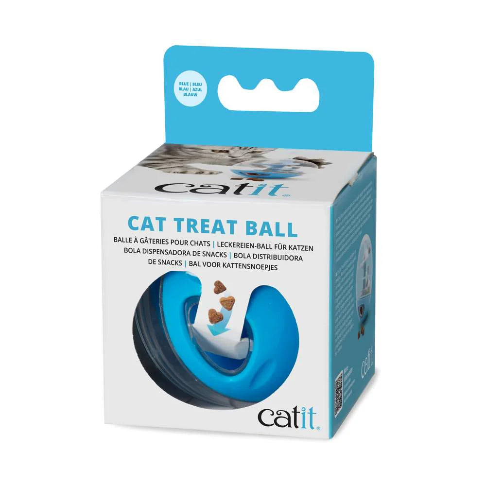 Bola dispensadora de snacks Catit azul para gatos en su caja original