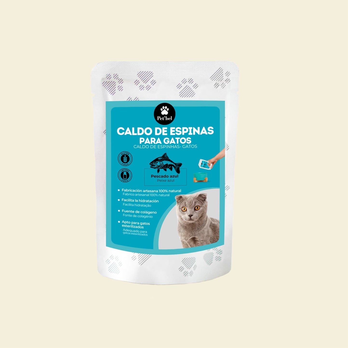 Caldo de pescado nórdico Petbel para gatos, rico en omega-3 y colágeno natural.