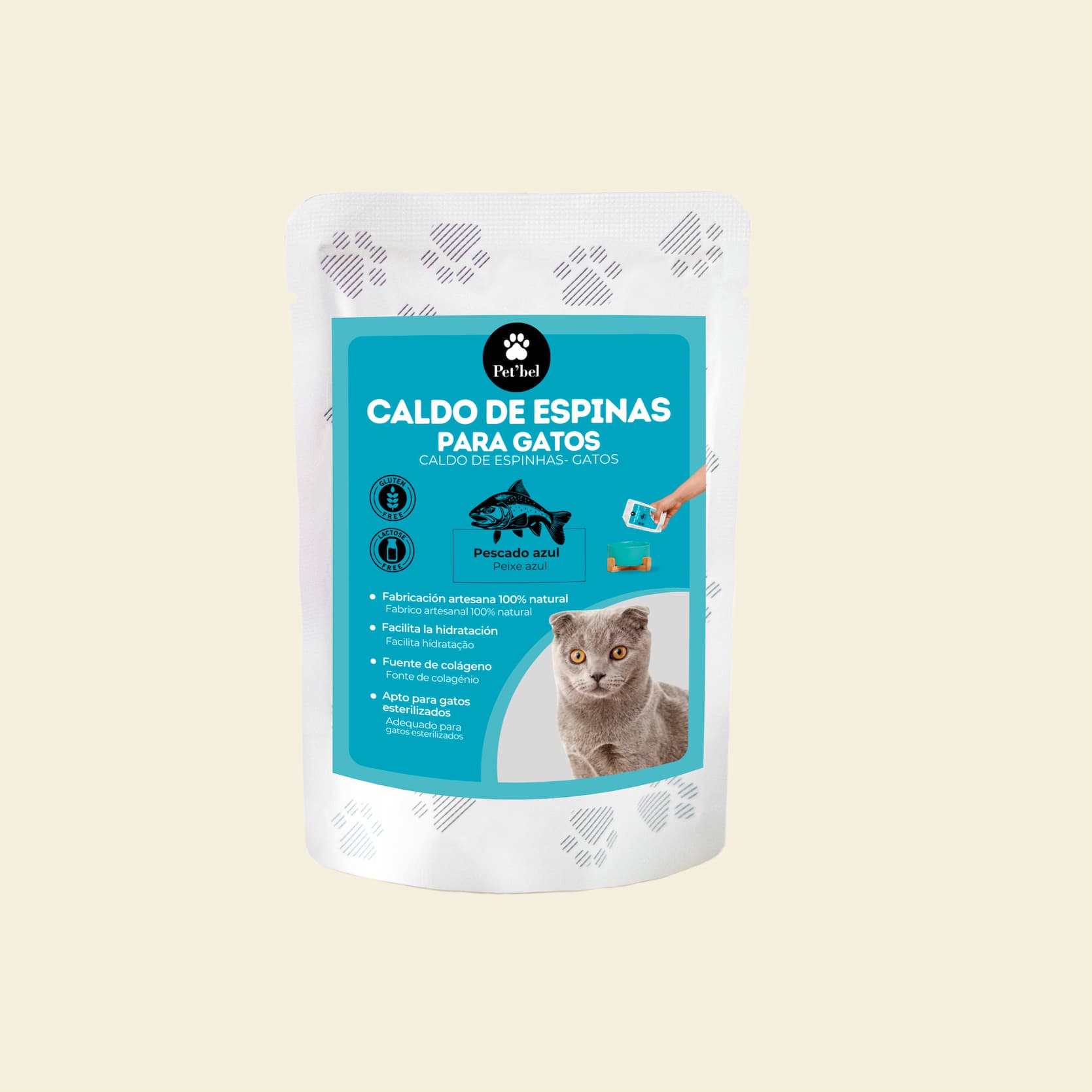 Caldo de pescado nórdico Petbel para gatos, rico en omega-3 y colágeno natural.