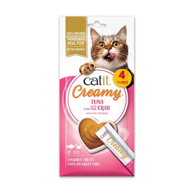Catit Creamy Atún con Cangrejo snack líquido hidratante para gatos pack 4 tubos
