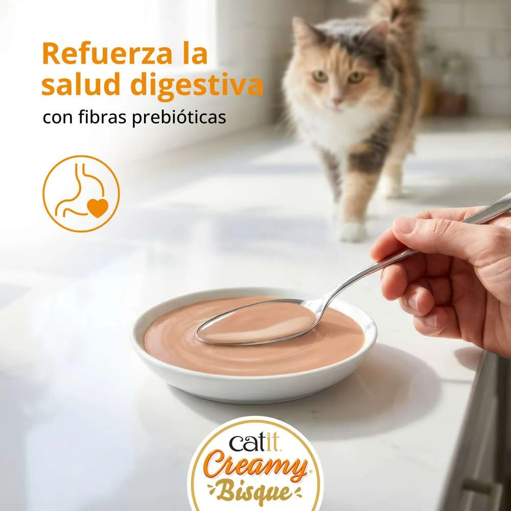 Catit Creamy Bisque Pollo e Hígado junto a una representación de sus ingredientes