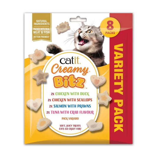 Catit Creamy Bitz Pack Variado para gatos con snacks blandos y cremosos de pollo, pato, vieira, salmón, gambas y atún