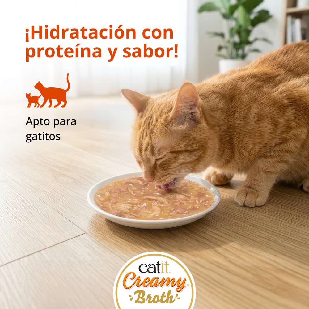 Catit Creamy Broth Pollo e Hígado servido en un cuenco con trocitos en caldo