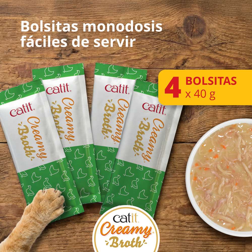 Catit Creamy Broth Pollo y Pato servido en un cuenco con carne desmenuzada en caldo