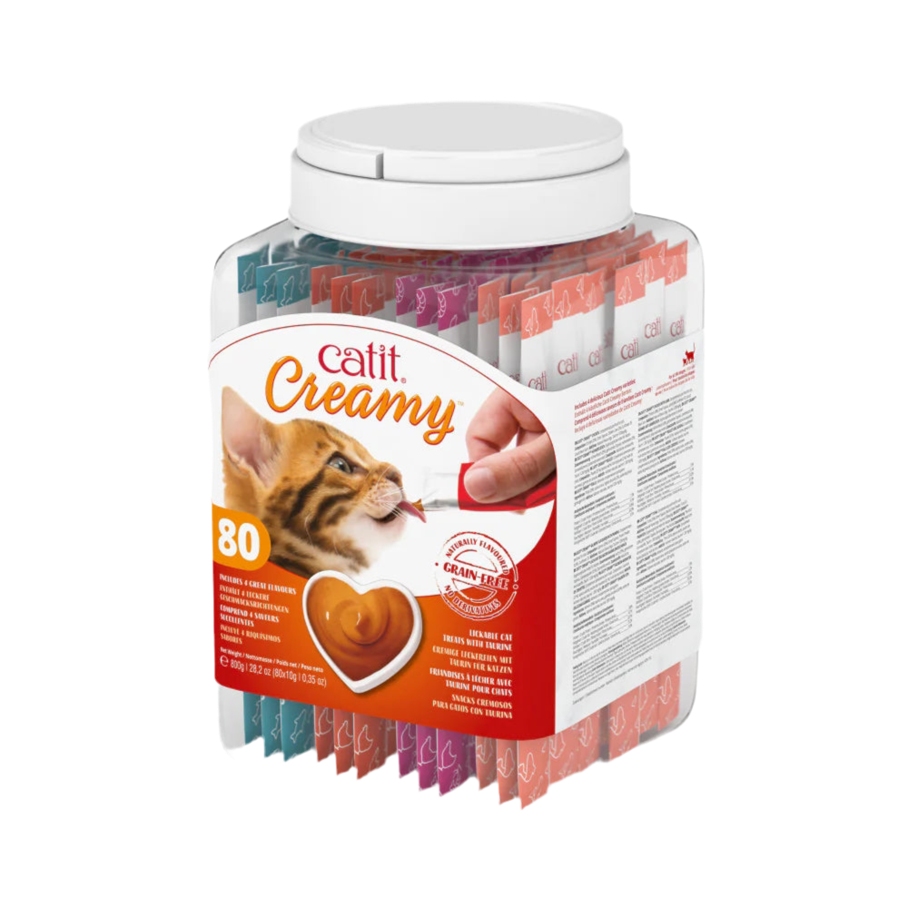 Catit Creamy es un snack cremoso e hidratante para gatos. Pack surtido con 80 tubos en 4 sabores naturales. Ideal como topping o snack.