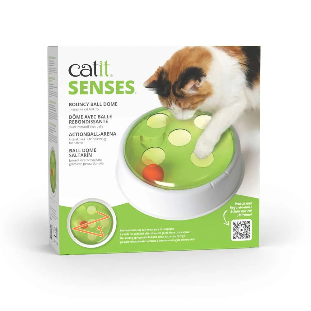 Catit Senses 2.0 Bouncy Ball Dome con base blanca, cubierta verde translúcida y pelota naranja