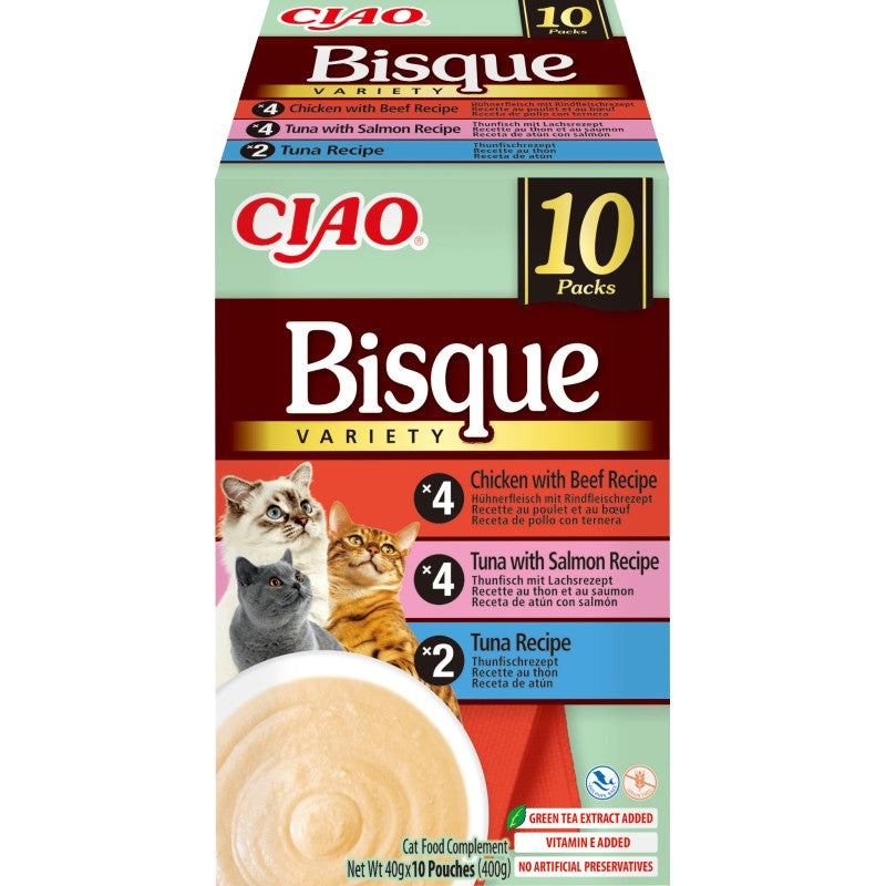 Churu Ciao Bisque multipack para gatos con sobres de puré cremoso de pollo, atún y salmón