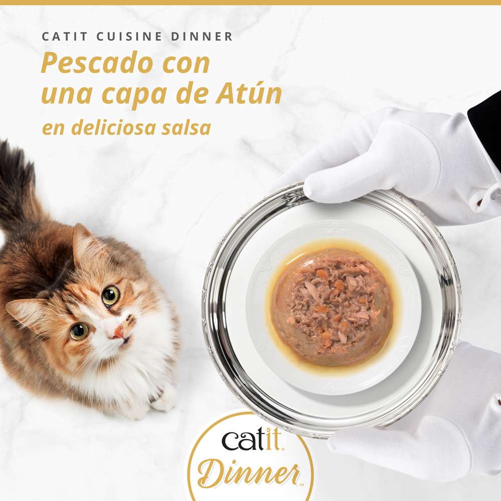 Comida húmeda Catit Dinner de pescado con atún en tarrina de doble capa