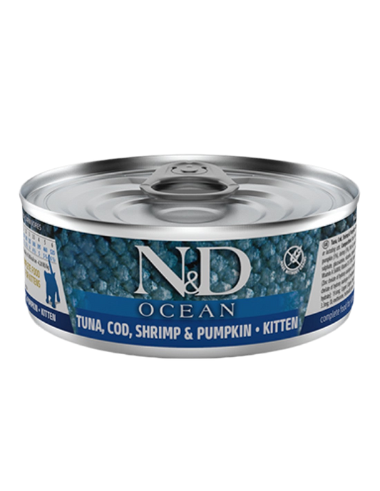 Comida húmeda Farmina N&D Ocean Kitten con atún, bacalao y gambas 70g