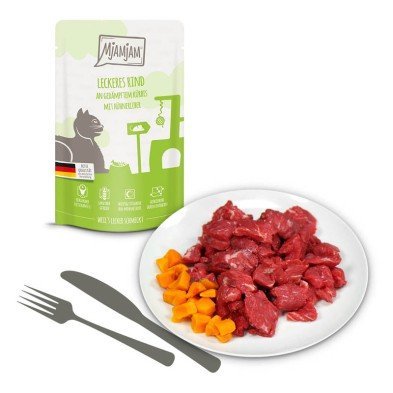 Comida húmeda MjAMjAM Quetschie con vacuno e hígado de pollo para gatos