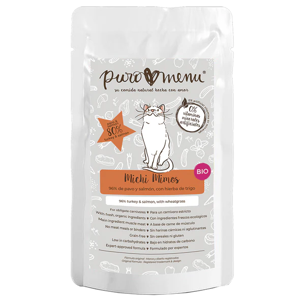 Comida húmeda ecológica para gatos Puro Menu Michi Mimos sabor pavo y salmón en sobre de 100g