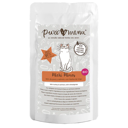 Comida húmeda ecológica para gatos Puro Menu Michi Mimos sabor pavo y salmón en sobre de 100g
