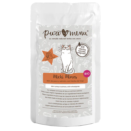 Comida húmeda ecológica para gatos Puro Menu Michi Mimos sabor pavo y salmón en sobre de 100g