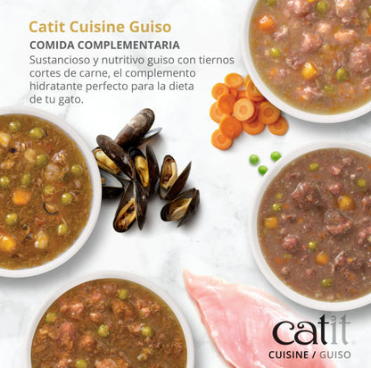 Comida húmeda tipo guiso para gatos con pollo zanahoria y calabaza