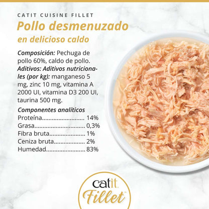 Composición de Catit Cuisine Fillet pollo con pechuga desmenuzada en caldo