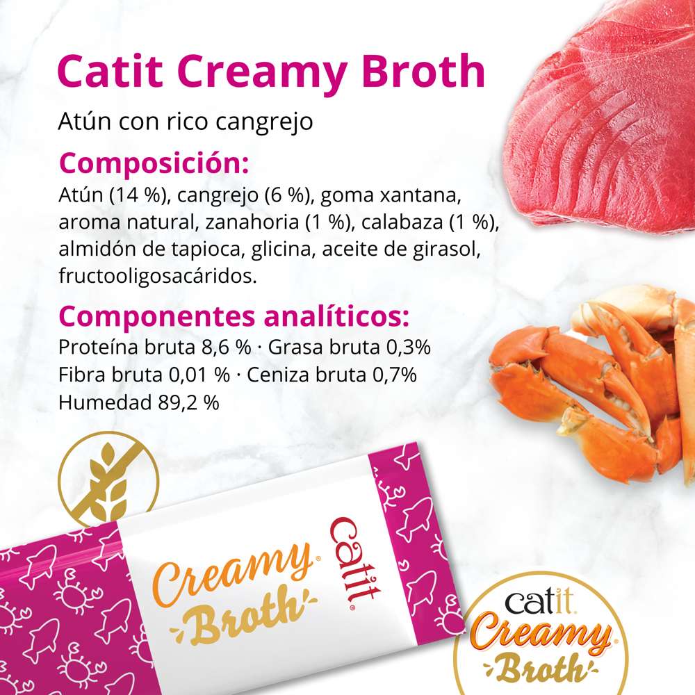 Composición y componentes analíticos de Catit Creamy Broth Atún y Cangrejo