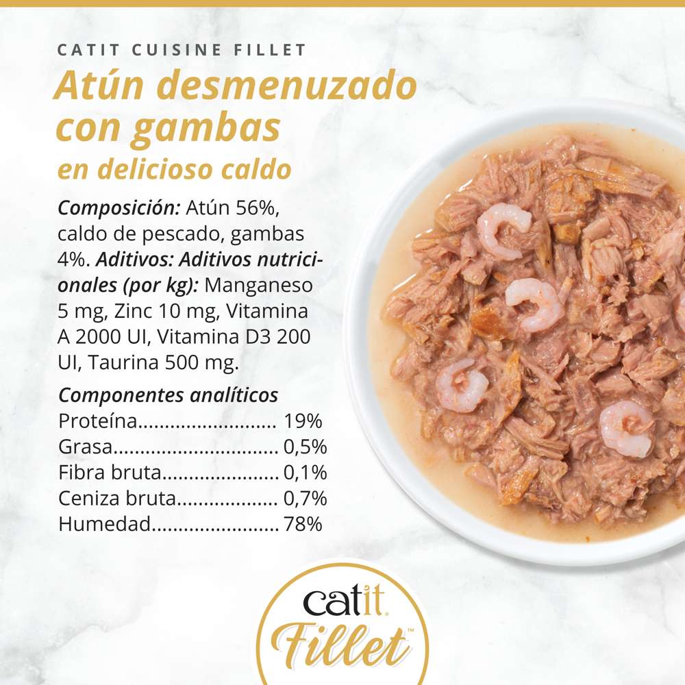 Composición y textura de Catit Cuisine Fillet atún con gambas desmenuzado en caldo