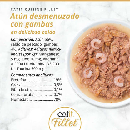 Composición y textura de Catit Cuisine Fillet atún con gambas desmenuzado en caldo