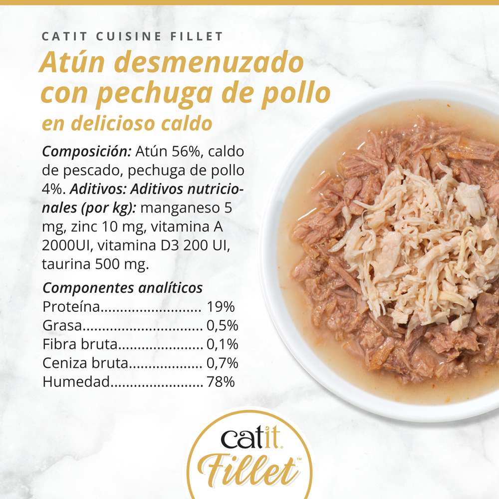 Composición y textura de Catit Cuisine Fillet atún con pollo desmenuzado en caldo