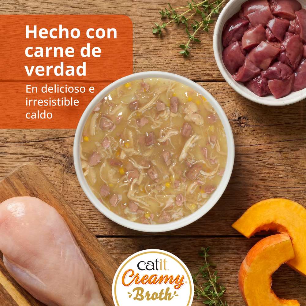 Cuenco de Catit Creamy Broth Pollo e Hígado junto a pollo, hígado y calabaza