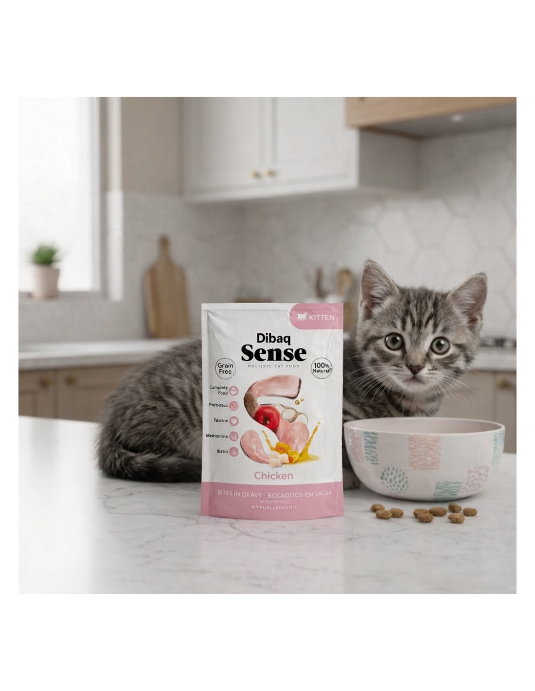 Dibaq Sense Kitten Bocaditos en Salsa de Pollo junto a un gatito