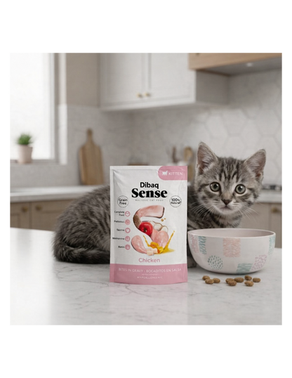 Dibaq Sense Kitten Bocaditos en Salsa de Pollo junto a un gatito
