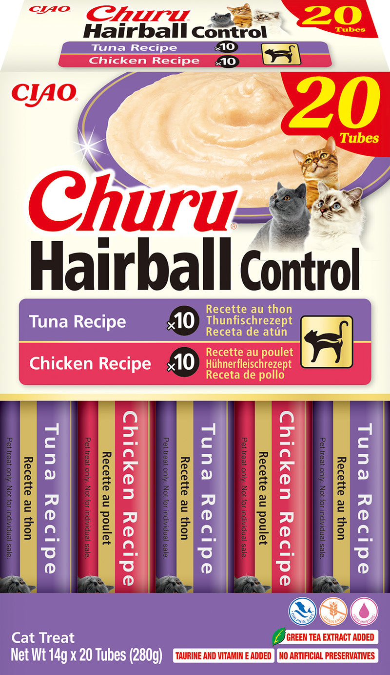 🐾 Pack Ahorro Churu Hairball Control – 20 unidades (10 atún + 10 pollo)