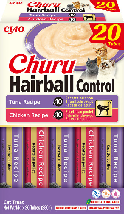🐾 Pack Ahorro Churu Hairball Control – 20 unidades (10 atún + 10 pollo)