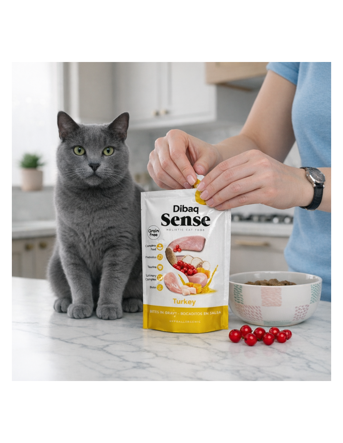 Envase Dibaq Sense de pavo junto al alimento servido en un cuenco