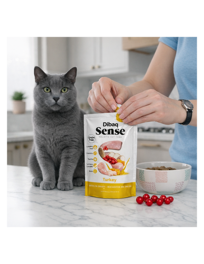 Envase Dibaq Sense de pavo junto al alimento servido en un cuenco
