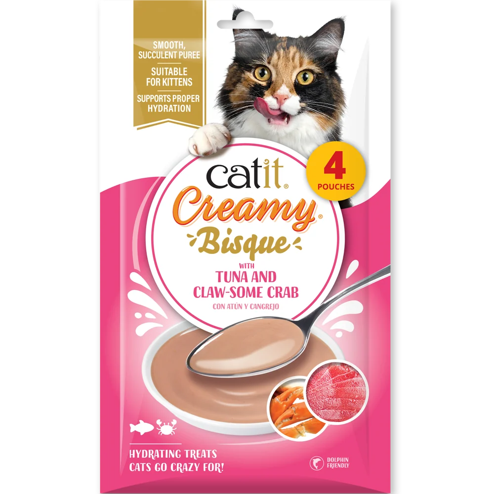 Envase de Catit Creamy Bisque Atún y Cangrejo para gatos, pack de 4 sobres de 40 g