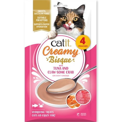 Envase de Catit Creamy Bisque Atún y Cangrejo para gatos, pack de 4 sobres de 40 g
