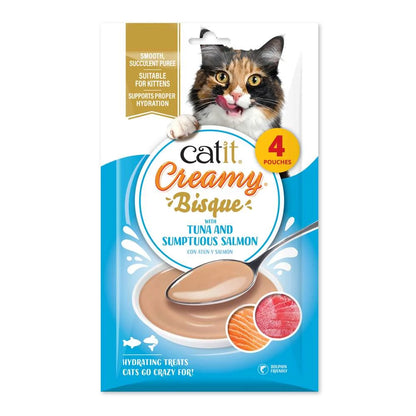 Envase de Catit Creamy Bisque Atún y Salmón para gatos, pack de 4 sobres de 40 g