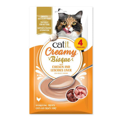 Envase de Catit Creamy Bisque Pollo e Hígado para gatos, pack de 4 sobres de 40 g