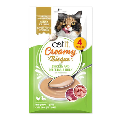 Envase de Catit Creamy Bisque Pollo y Pato para gatos, pack de 4 sobres de 40 g