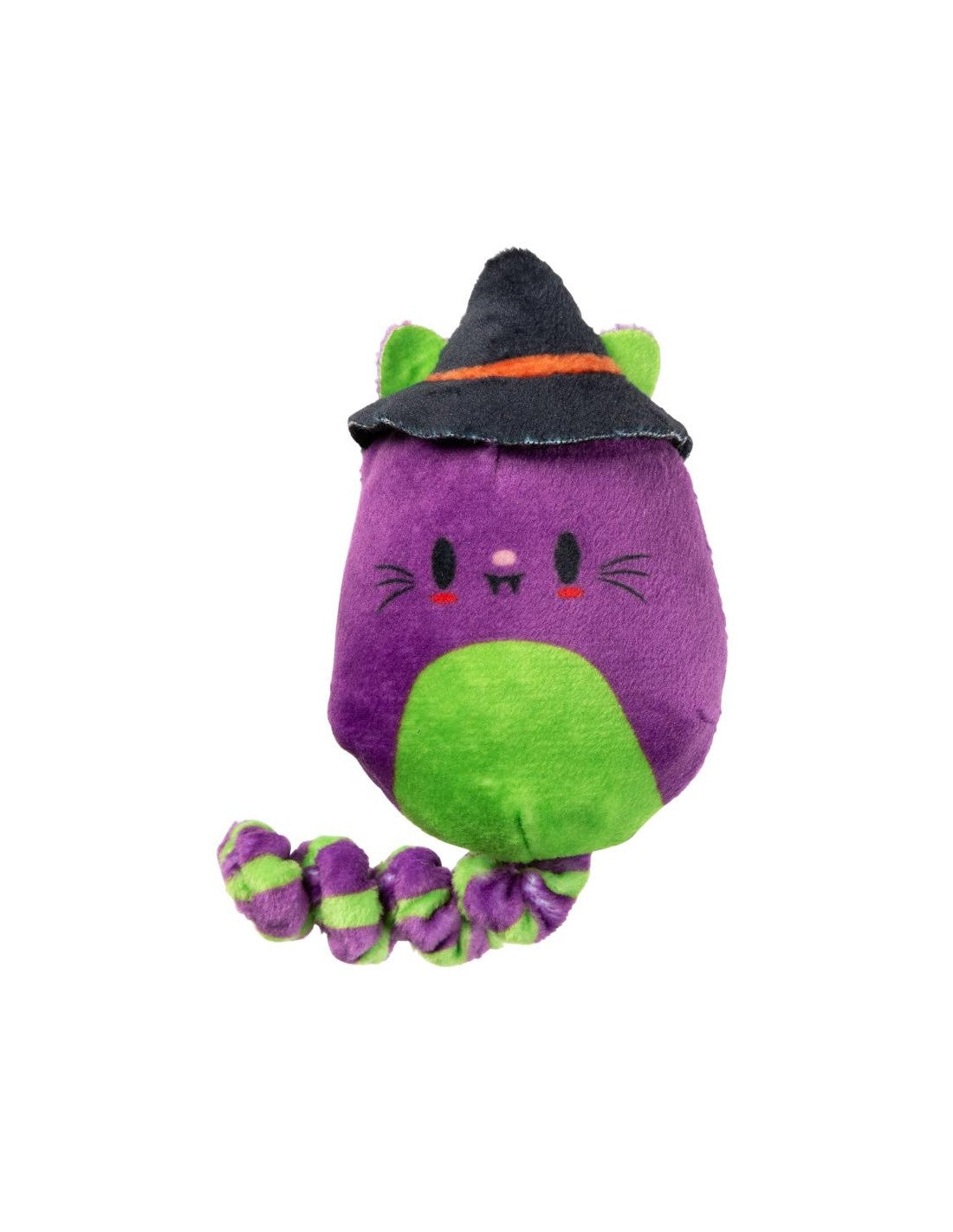 FuzzYard Lucipurr, juguete de Halloween para gatos morado y verde con sombrero de bruja y cola de tela retorcida