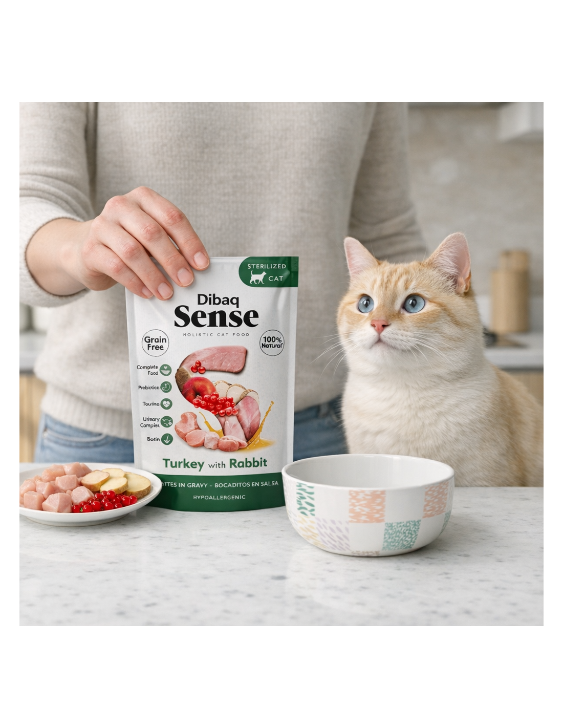 Gato adulto junto a Dibaq Sense Bocaditos en Salsa de Pavo y Conejo