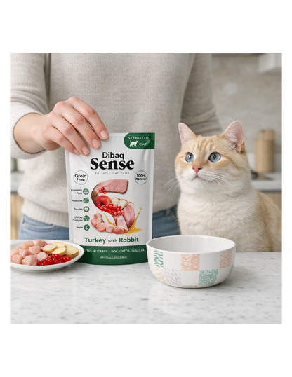 Gato adulto junto a Dibaq Sense Bocaditos en Salsa de Pavo y Conejo