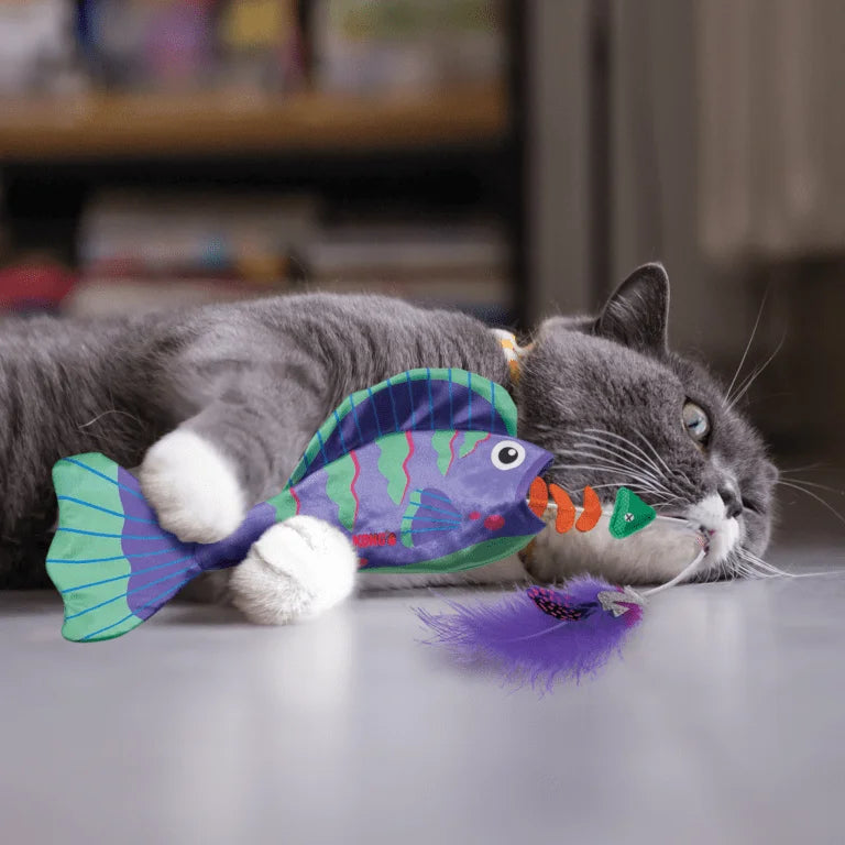 Gato jugando con juguete tipo pez KONG Wrangler Angler con catnip