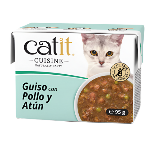 Guiso Catit Cuisine para gatos con atún y pollo en caldo natural