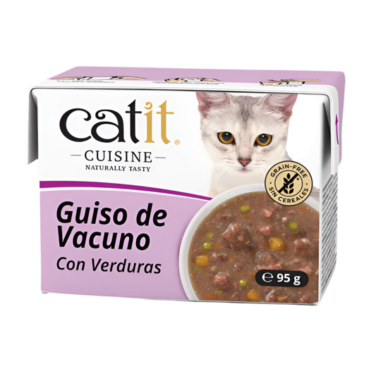 Guiso Catit Cuisine para gatos con vacuno y verduras en caldo natural