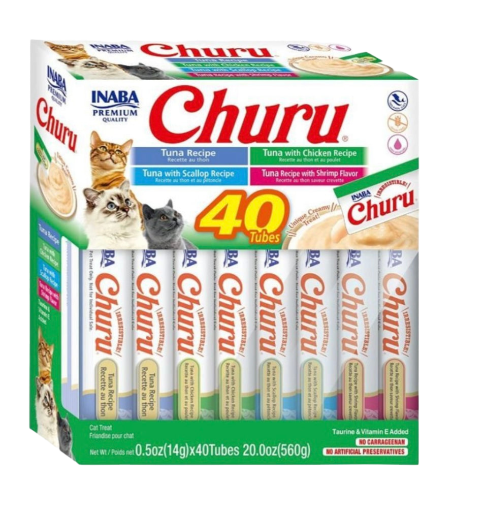 Inaba Churu pack 40 tubos atún con marisco snacks cremosos para gatos