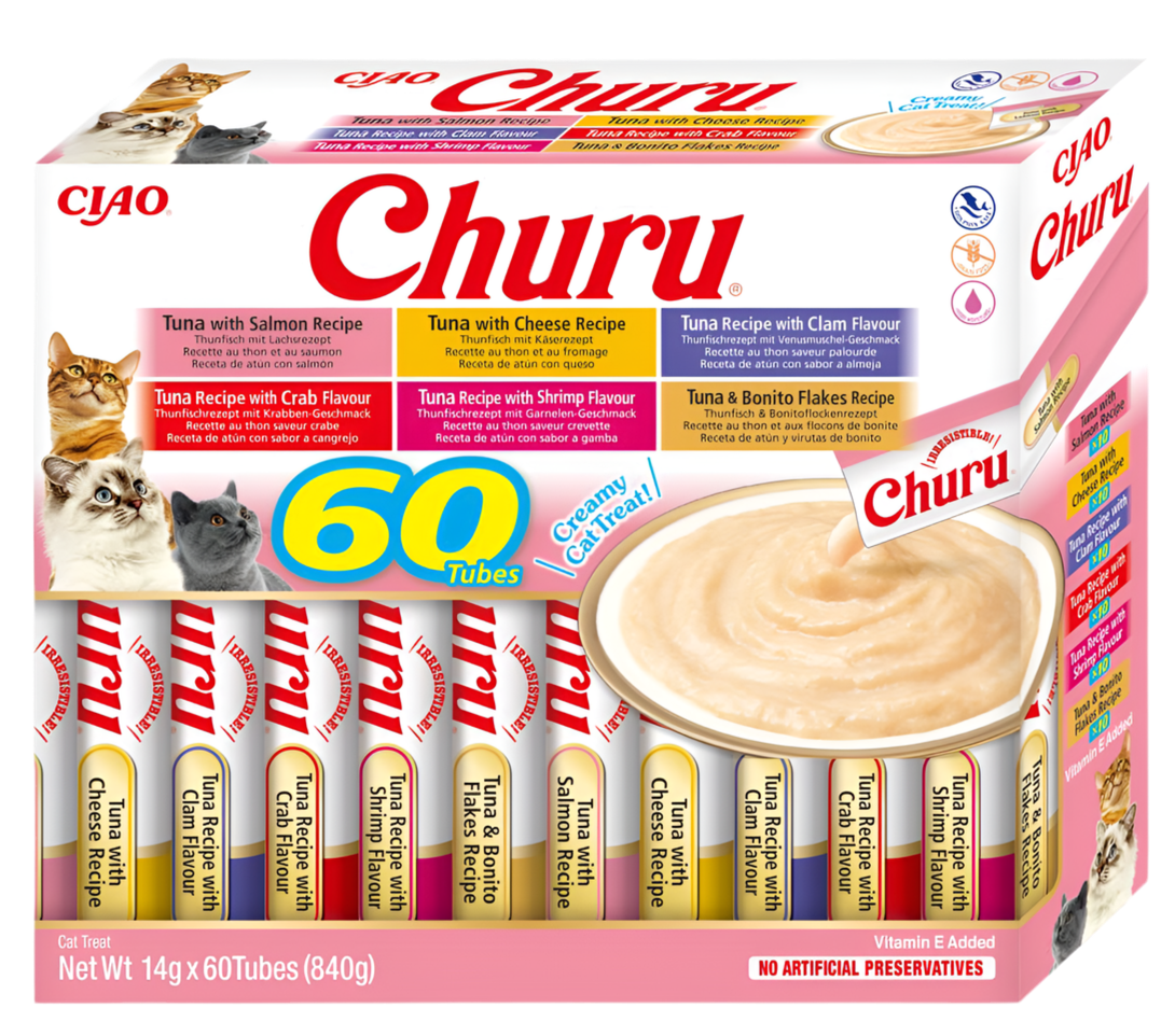 Inaba Churu pack 60 tubos variedades de atún snacks cremosos para gatos