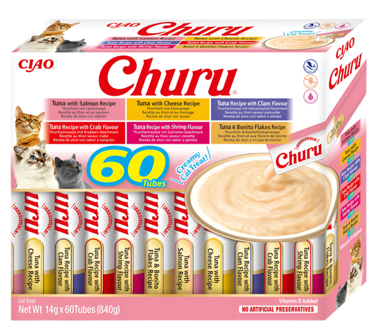 Inaba Churu pack 60 tubos variedades de atún snacks cremosos para gatos
