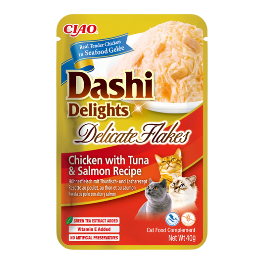 Inaba Dashi Delicate Flakes pollo con atún y salmón 40g para gatos