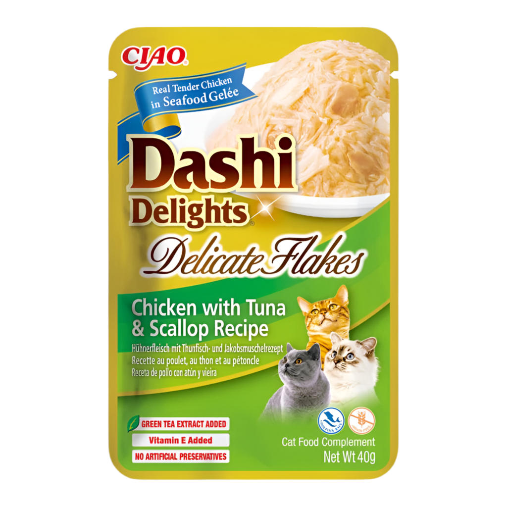 Inaba Dashi Delicate Flakes pollo con atún y vieiras 40g para gatos