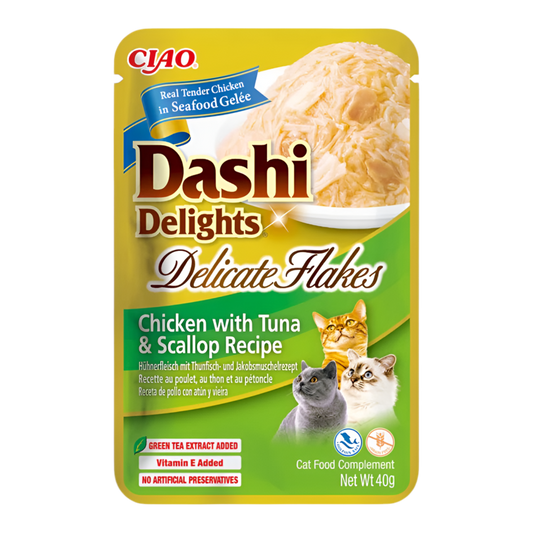 Inaba Dashi Delicate Flakes pollo con atún y vieiras 40g para gatos