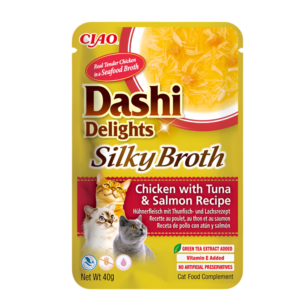 Inaba Dashi Silky Broth pollo con atún y salmón 40g para gatos